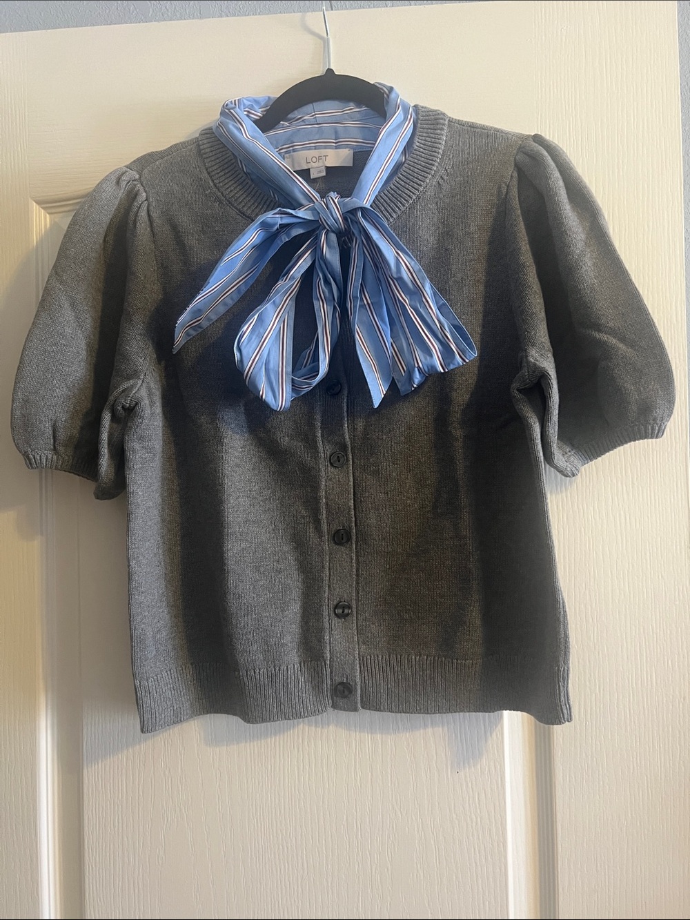 LOFT Gray Puff-Sleeve Cardigan with Blue Striped Bow